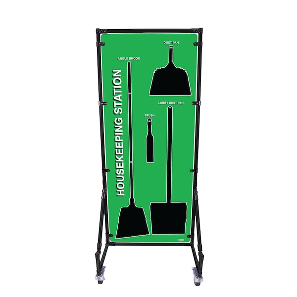 5S Housekeeping Shadow Board Broom Station Version 16 - Green Board / Black Shadows  With Broom